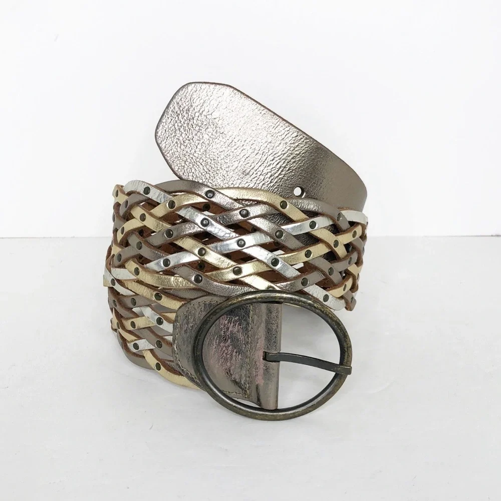 Fossil leather, metallic woven belt